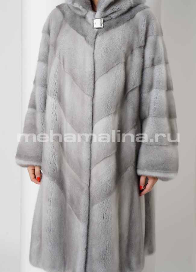 Норковая шуба с капюшоном в цвете сапфир модель № S-733 универмаг малина