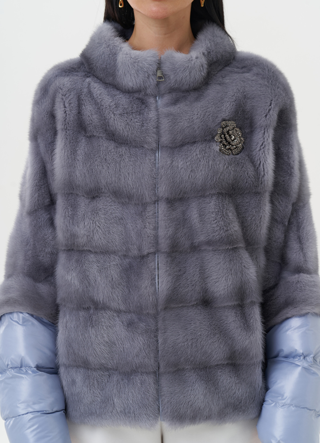 Норковая шуба-трансформер голубого цвета модель № 28077 в рассрочку