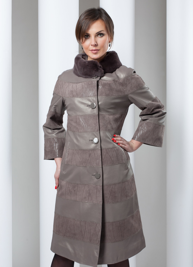 Кожаное пальто из комбинированной кожи/замши модель № K-67 в кредит