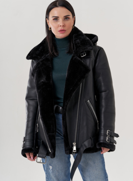 Женская дубленка пилот из эко кожи черно цвета 