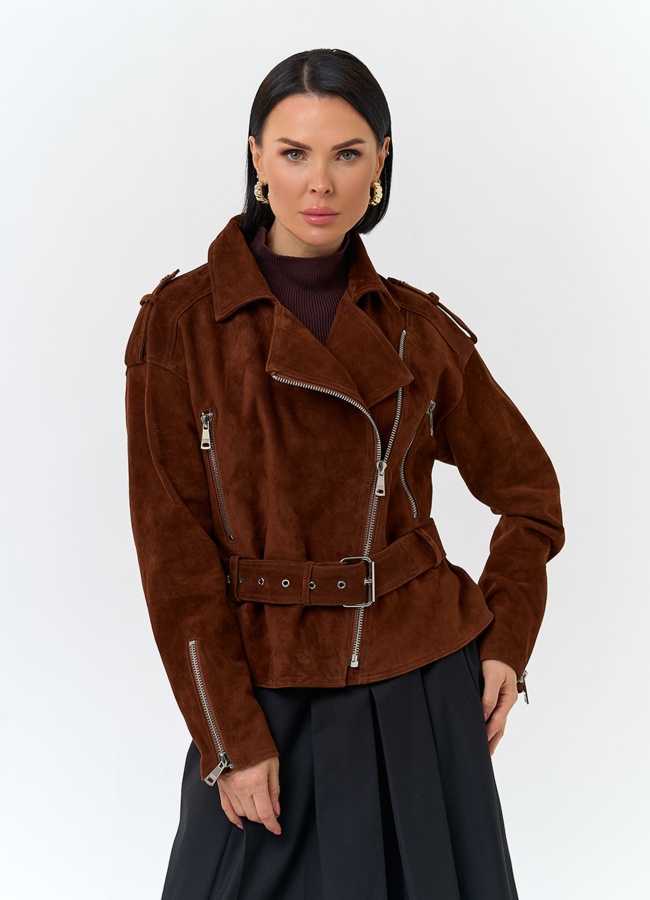 Куртка из натуральной замши с поясом модель № 29926 меха малина