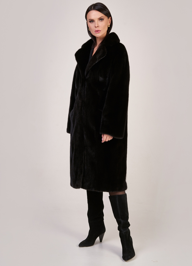 фото Норковая шуба в черном цвете прямая с английским воротником  модель № S-841