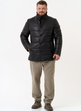 Пуховик из натуральной кожи с воротником стойкой