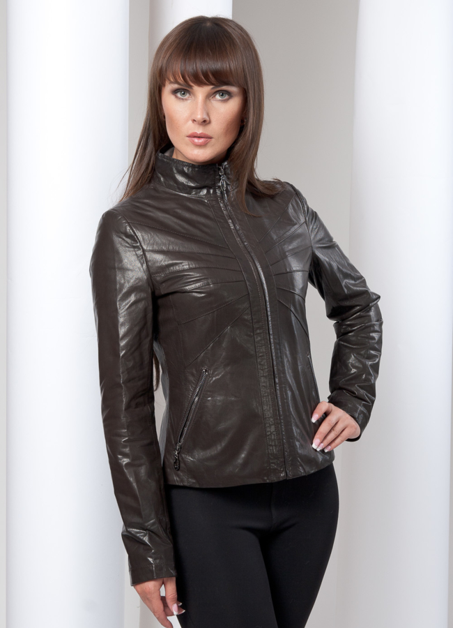 Кожаная куртка модель № K-5 меха малина