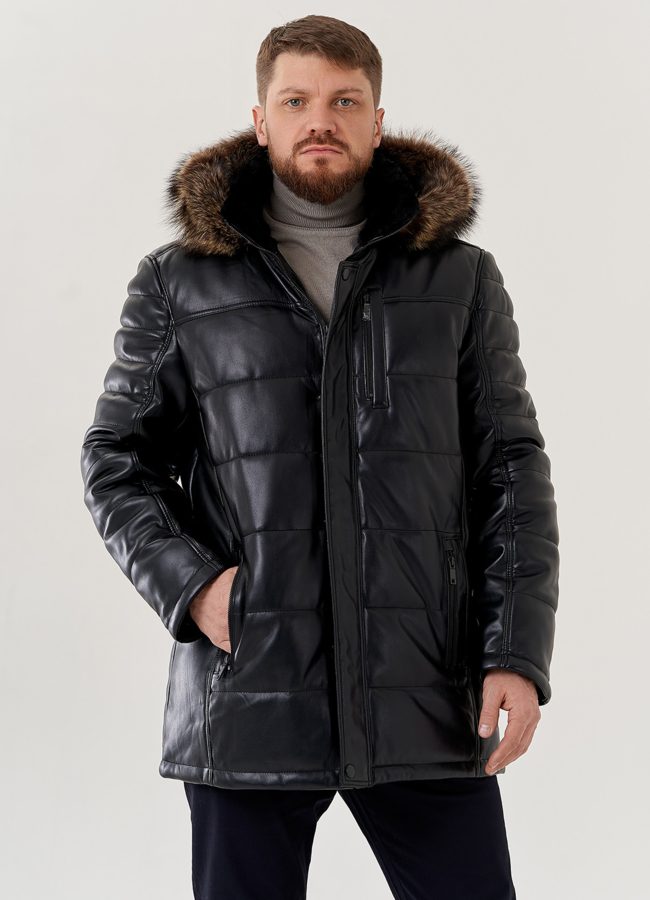 Пуховик из эко кожи с капюшоном  модель № 79606 меха малина