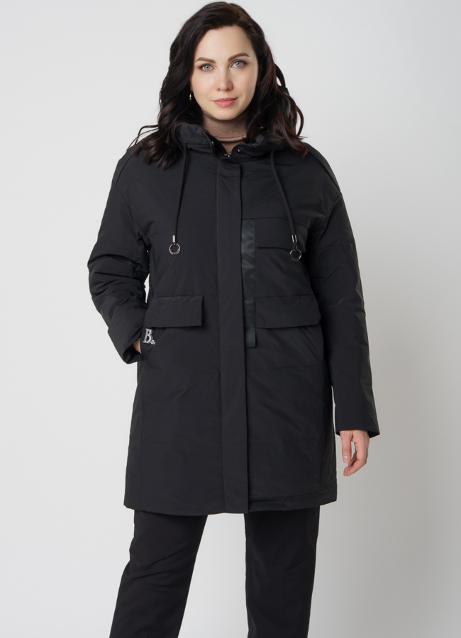 Полупальто женское черного цвета модель № 20592 меха малина