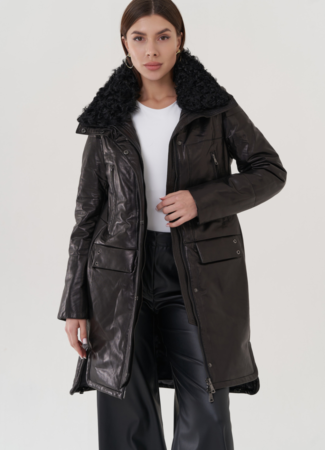 Кожаный пуховик с воротником на молнии и кнопках  модель № 19919 в кредит