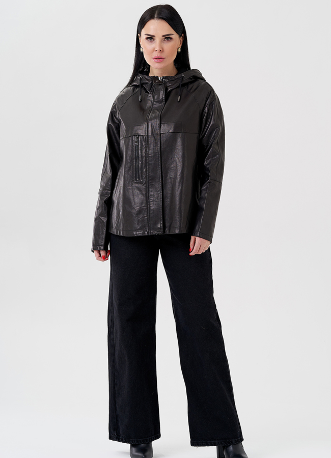 фото Женская куртка из натуральной кожи с капюшоном  модель № 24091