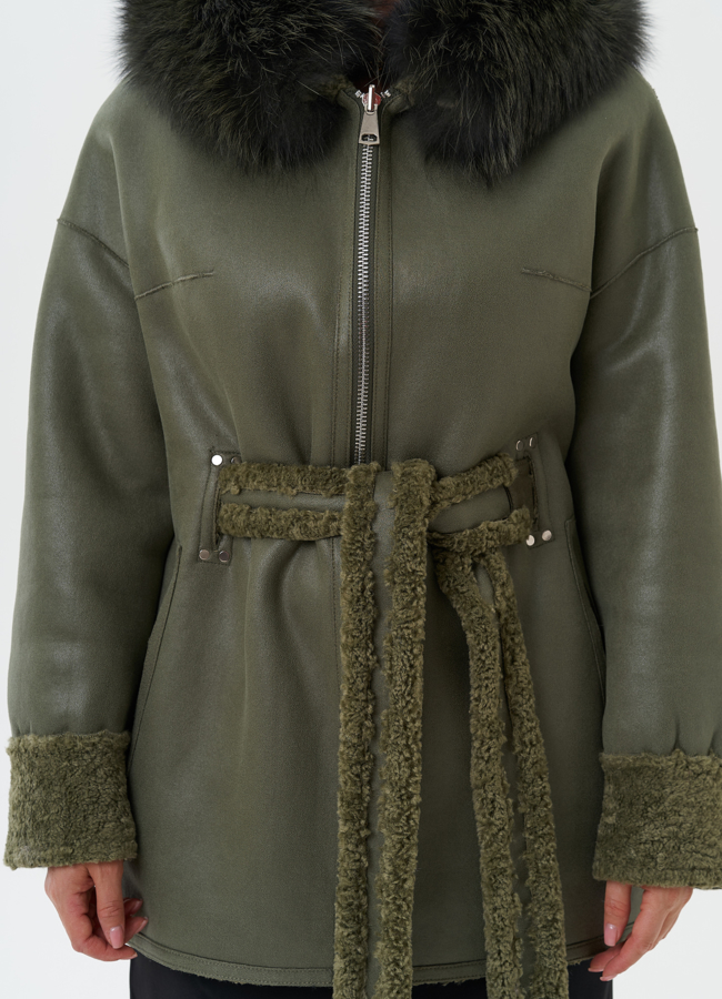 Эко дубленка с капюшоном из меха чернобурки модель № 27771 универмаг малина