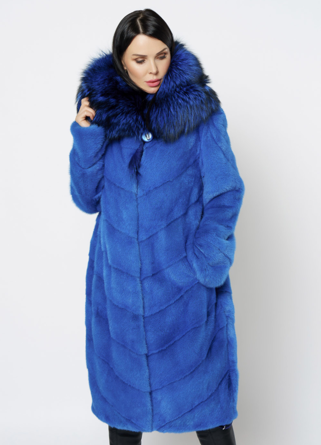 Шуба из норки синего цвета модель № 1202 меха малина