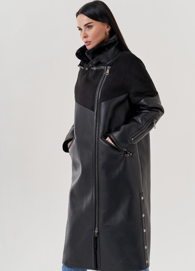 Женская дубленка из эко кожи черного цвета  модель № 79496 в кредит