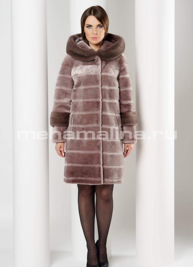 Светлая шуба с капюшоном модель № S-616 в рассрочку