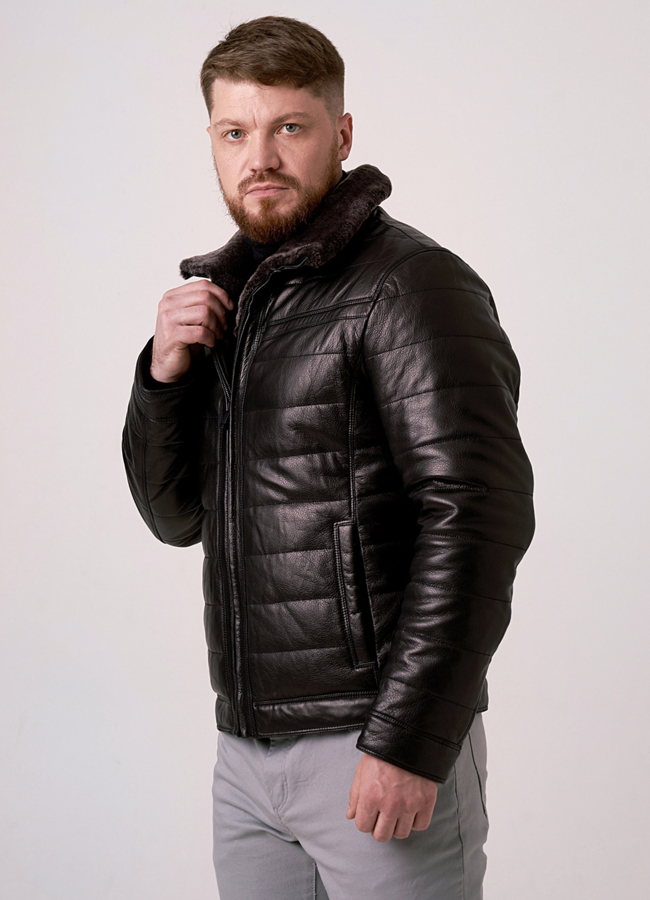 Кожаный пуховик с отделкой из овчины модель № 215 меха малина