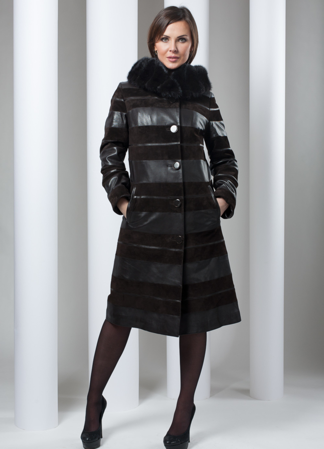 Кожаное пальто утепленное с капюшоном модель № K-66 в рассрочку