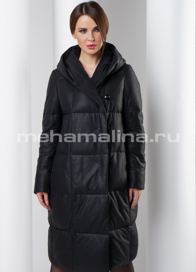 Кожаное пальто с капюшоном модель № K-387 универмаг малина