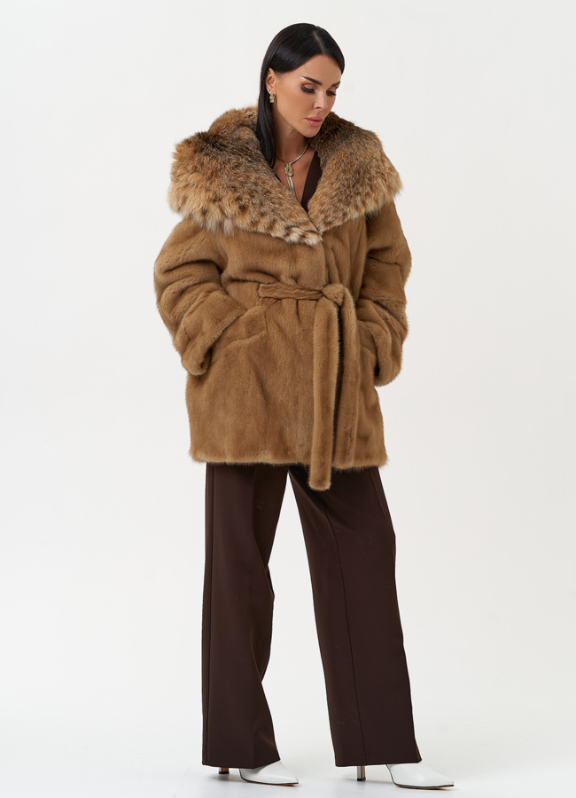 Женская шуба из меха норки с капюшоном из меха рыси модель № 31165 универмаг малина