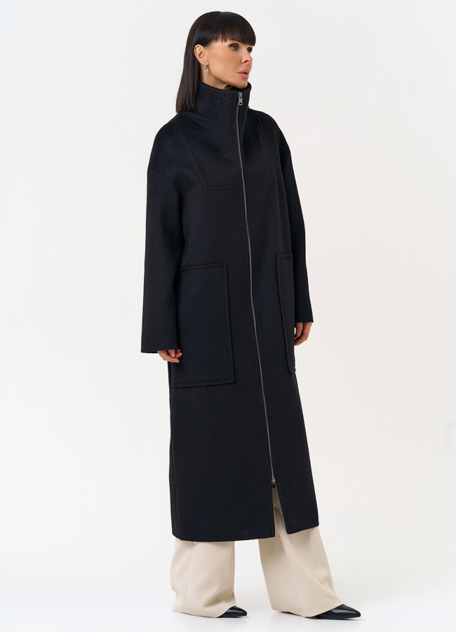 Женское пальто черного цвета с воротником стойкой модель № 31687 универмаг малина