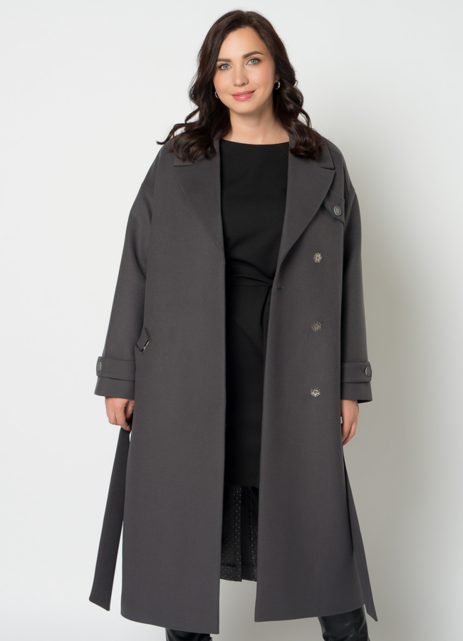 Женское пальто в сером цвете с поясом модель № 21374 универмаг малина