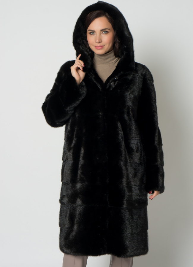 Норковая шуба с капюшоном в черном цвете  модель № 20949 универмаг малина