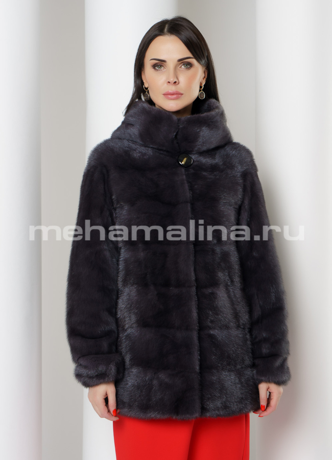 Укороченная норковая шуба с капюшоном в цвете графит модель № S-782 меха малина
