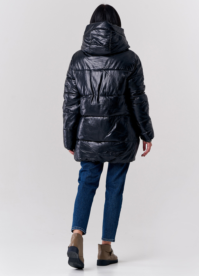 фото Удлиненная куртка из эко кожи с капюшоном модель № 21852