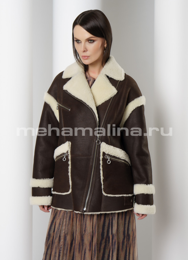 Дубленка на молнии с отложным воротником модель № 5833 меха малина