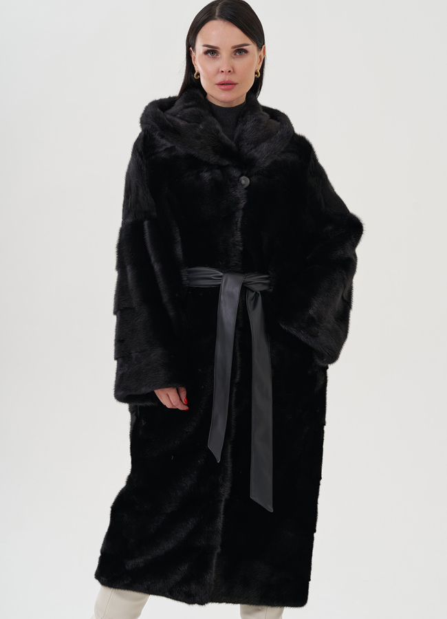 Длинная норковая шуба с капюшоном модель № 25018 универмаг малина