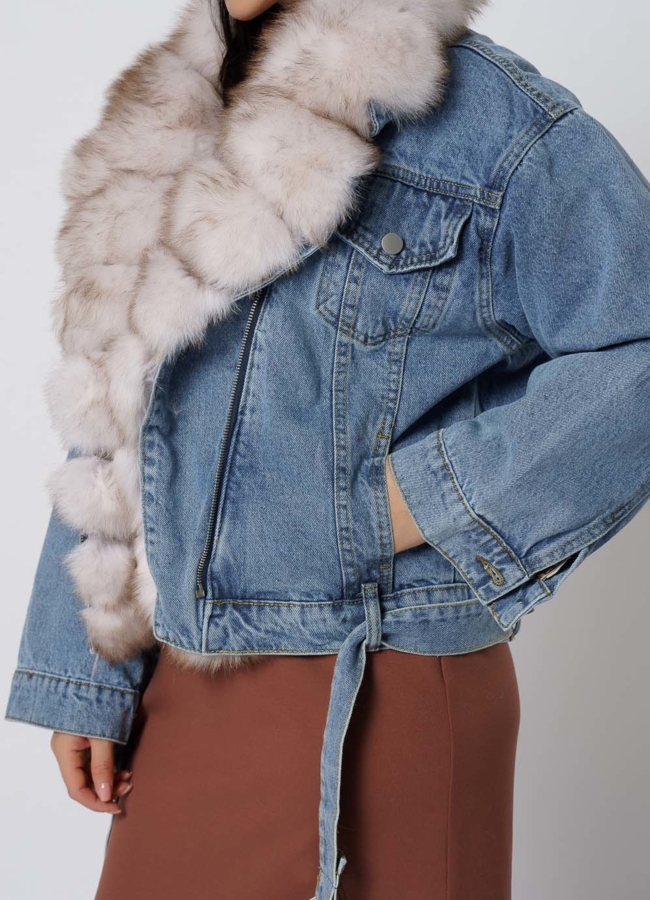 Утепленная джинсовая куртка с отделкой из песца модель № 21703 универмаг малина