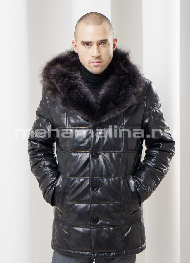 Кожаный пуховик модель № ПМ-52 меха малина