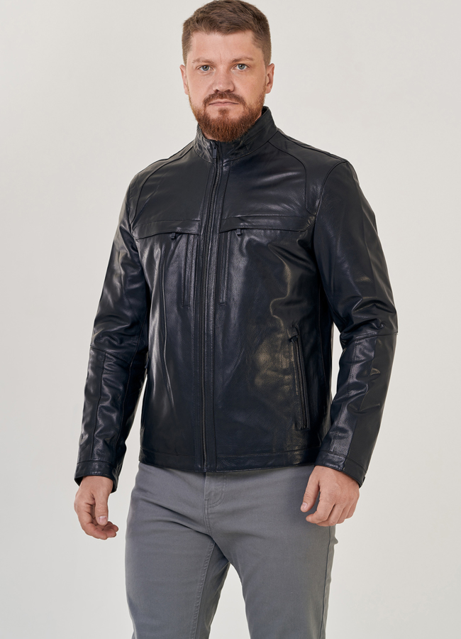 Мужская кожаная куртка  модель № 23143 меха малина