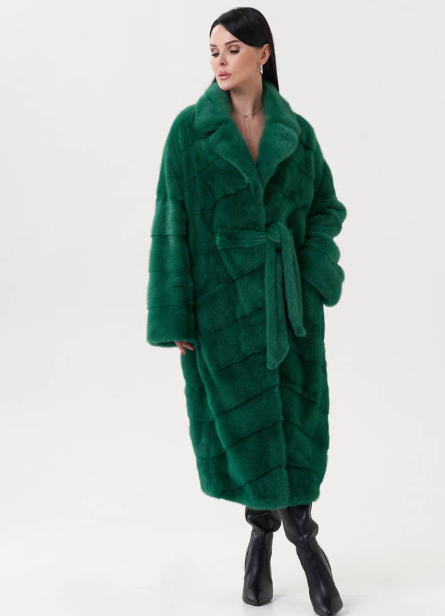 Норковая шуба зеленого цвета с поясом модель № 23820 в кредит