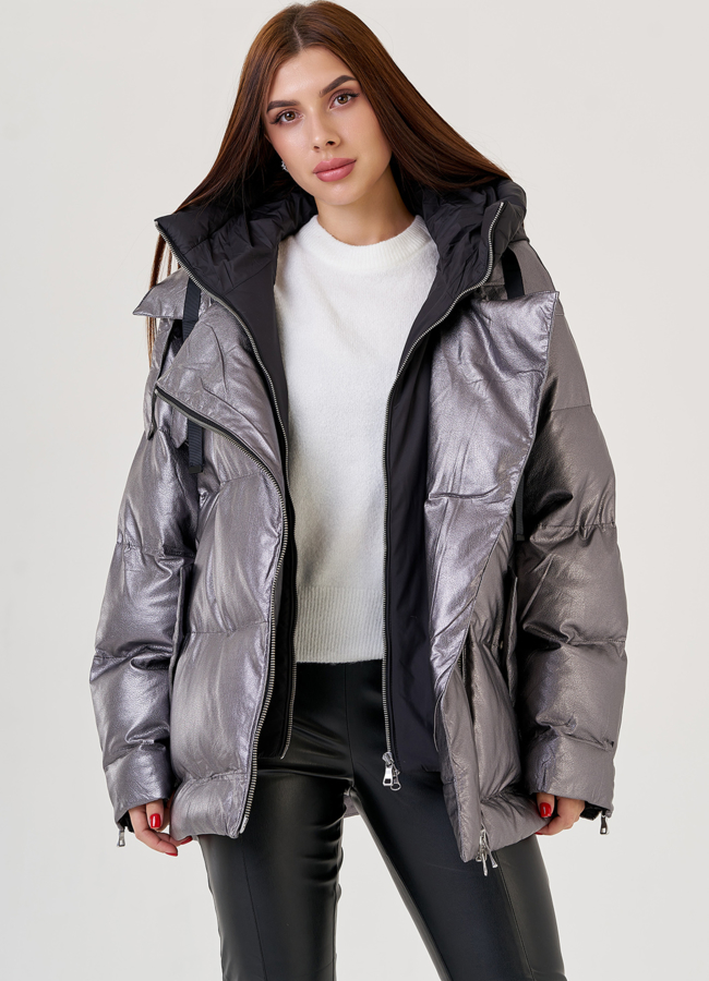 Серебристый пуховик Malina Siberian из эко кожи модель № 79214 универмаг малина