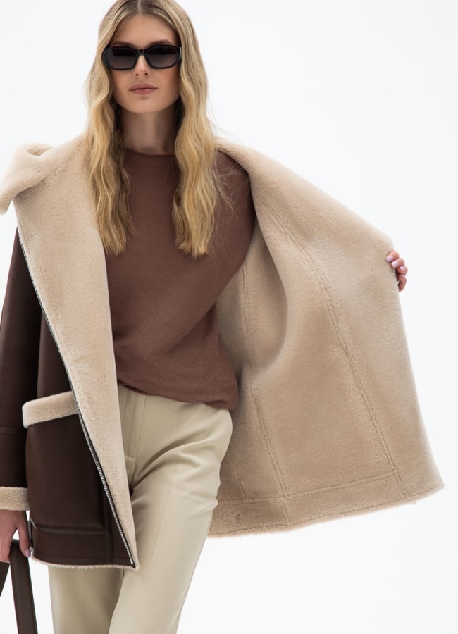 Женская удлиненная дубленка из эко кожи модель № 31870 универмаг малина