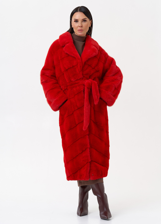 Длинная красная шуба из норки модель № 26244 универмаг малина