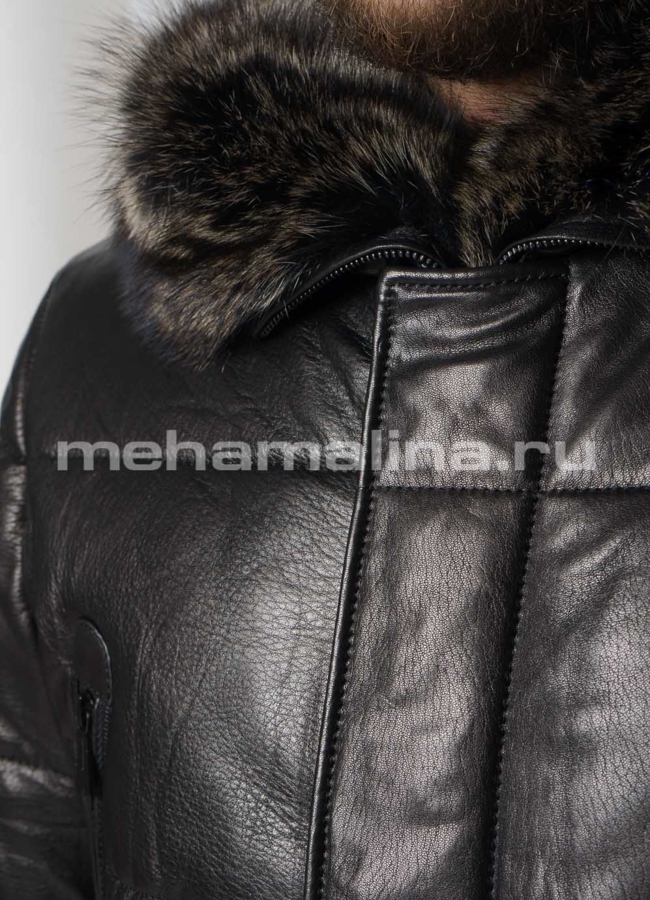 Кожаный пуховик с капюшоном отделка енот модель № ПМ-108 в рассрочку