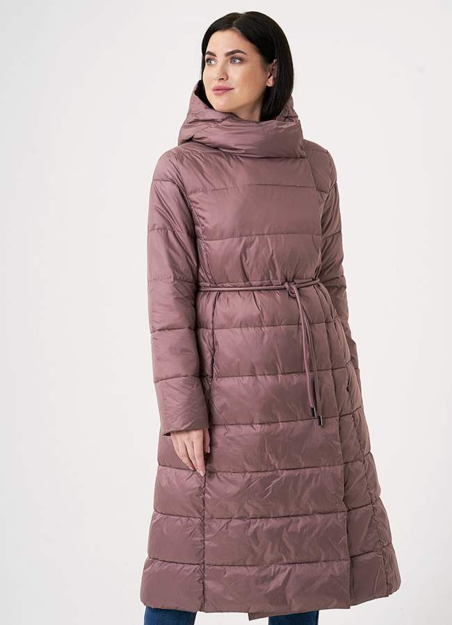 Пуховик женский на поясе с капюшоном модель № 110123 меха малина