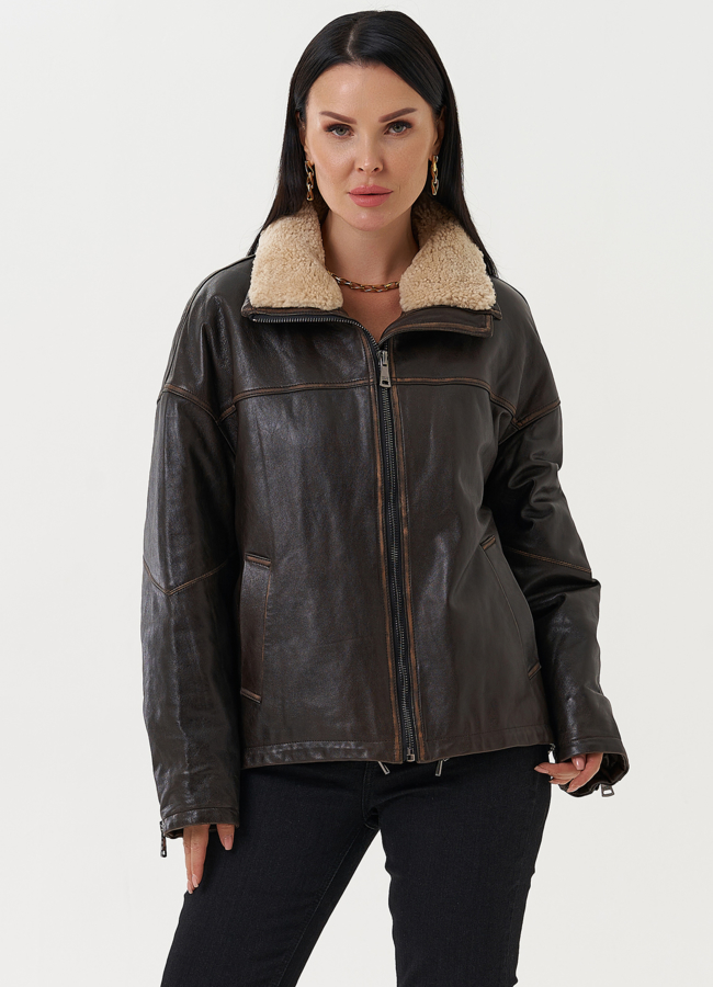 Женская кожаная куртка на утеплении модель № 28114 меха малина