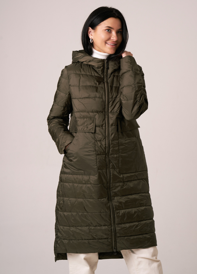 Плащ в цвете хаки на молнии модель № 167 меха малина