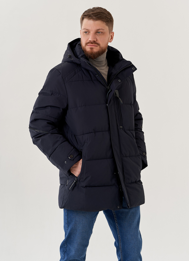 Мужской пуховик синего цвета с капюшоном  модель № 79628 меха малина