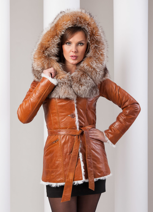 Дубленка модель № D-55 меха малина