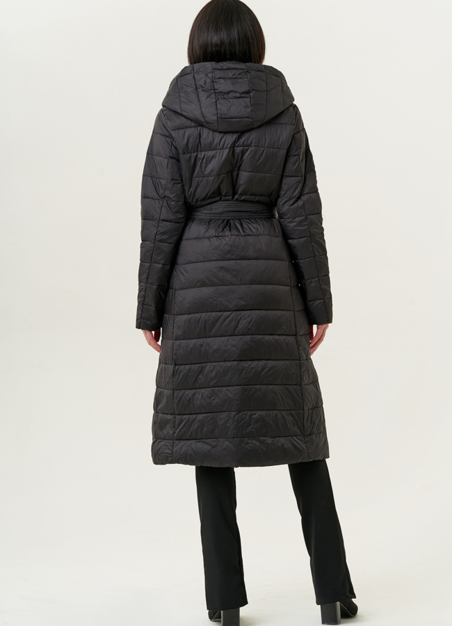 Женское удлиненное пальто с капюшоном и поясом модель № 22329 в кредит