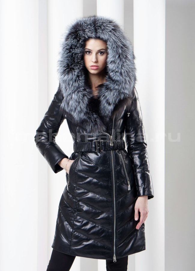 Кожаный пуховик с капюшоном модель № П-26 меха малина