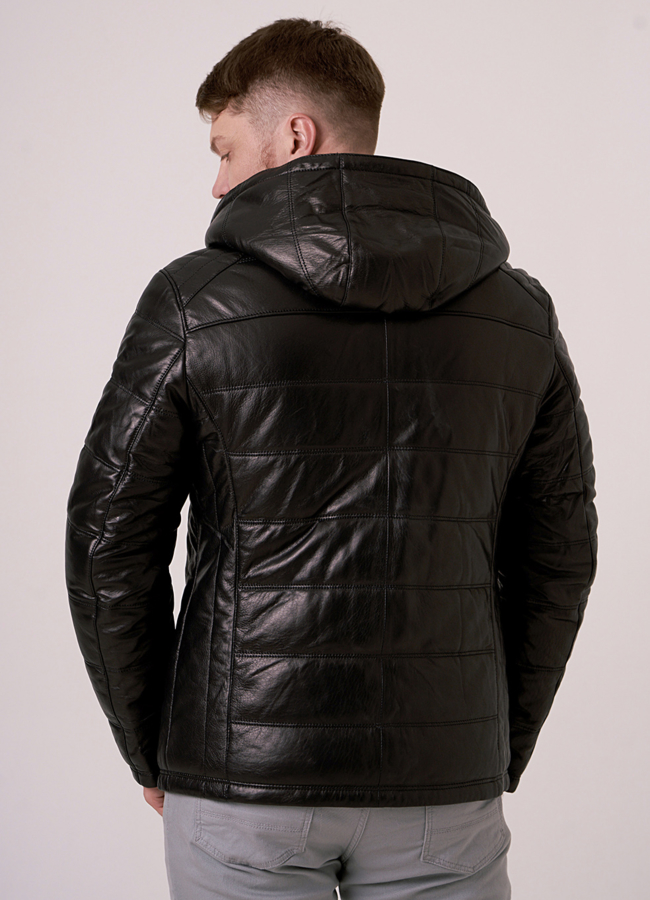 фото Пуховик из натуральной кожи с капюшоном модель № 3289