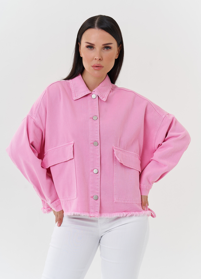 Укороченная джинсовая куртка модель № 27527 меха малина