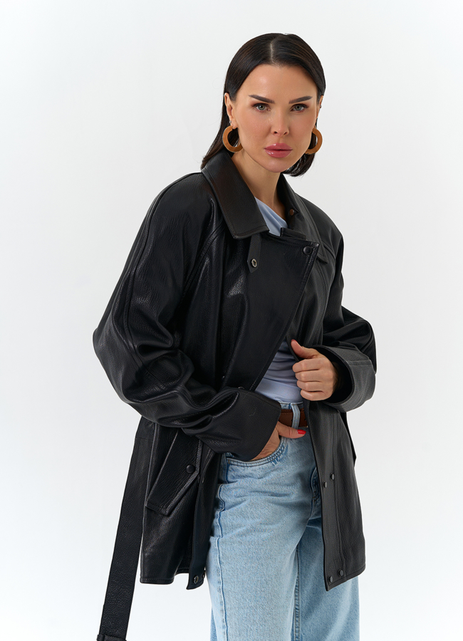 Женская куртка из натуральной кожи  с поясом модель №  универмаг малина