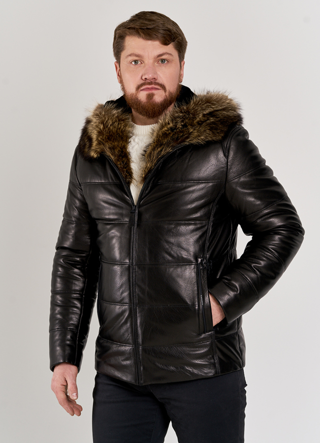 Мужской пуховик из натуральной кожи с мехом модель № П-503 универмаг малина