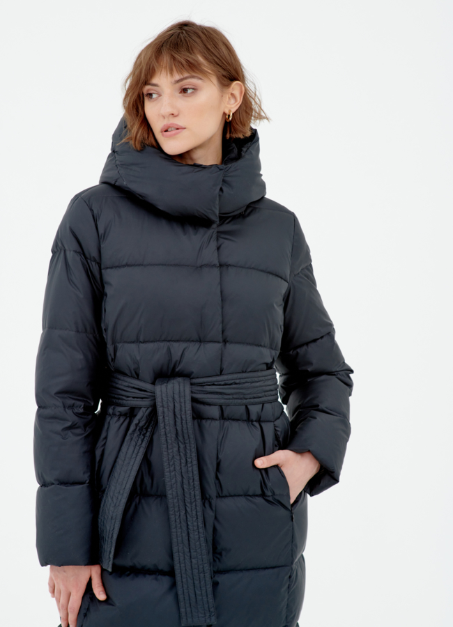 Длинный пуховик с поясом модель № 78911 универмаг малина