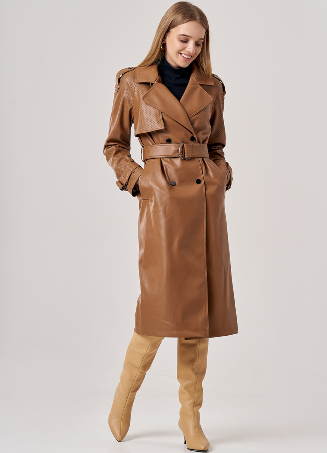Коричневый тренч из искусственной кожи модель № 606 универмаг малина