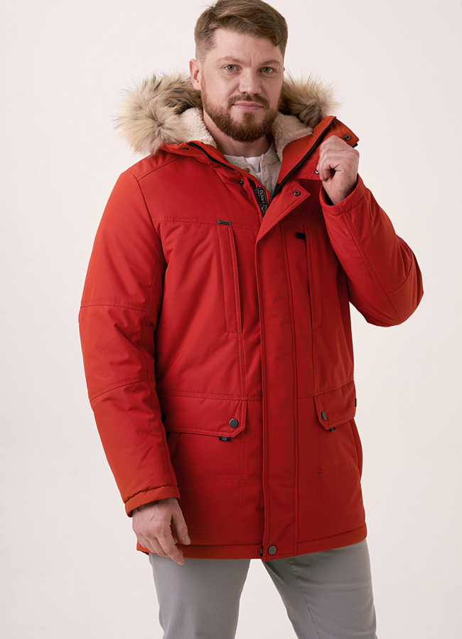 Мужской пуховик с климат контролем с капюшоном модель № 0742 меха малина