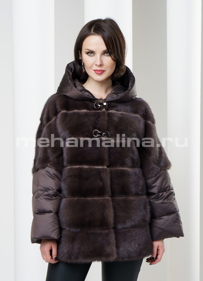 Шуба из норки с рукавами и капюшоном с пуховым наполнением модель № S-188 в рассрочку